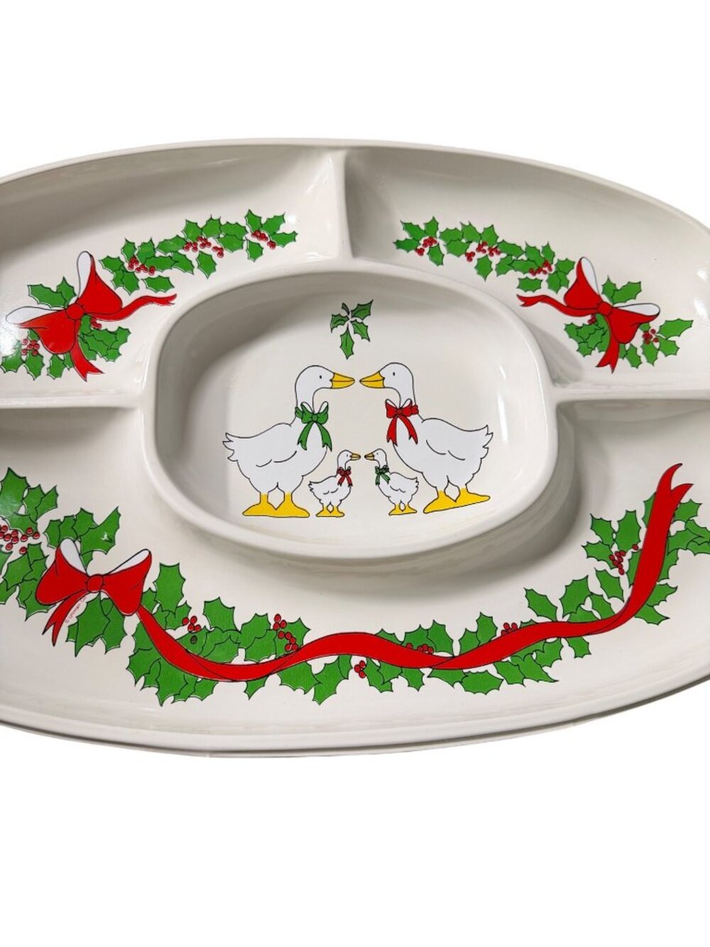 Vintage Plastic Christmas Divided Serving Tray Ducks Holly Ribbon - Picture 3 of 3